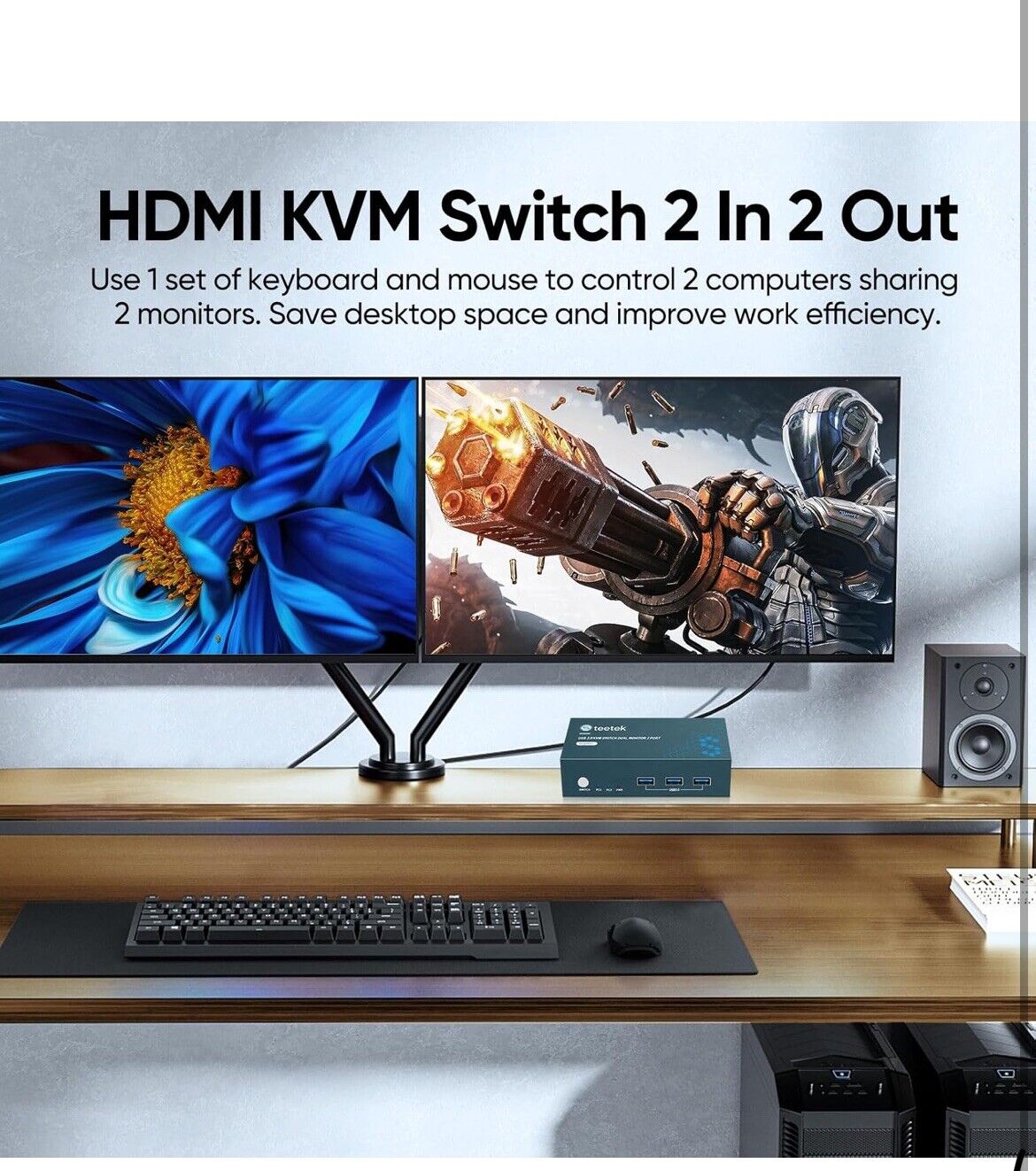 USB 3.0 Displayport KVM Switch Dual Monitor 4K@60Hz 2 Monitors 2 Comp...