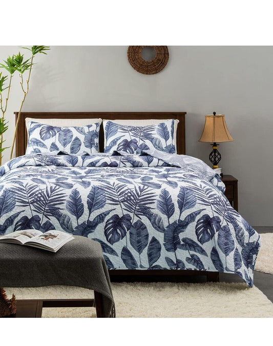 Tropical Plants Quilt Set Twin Size 3 Pieces, Blue Palm Leaves Rainforest Style