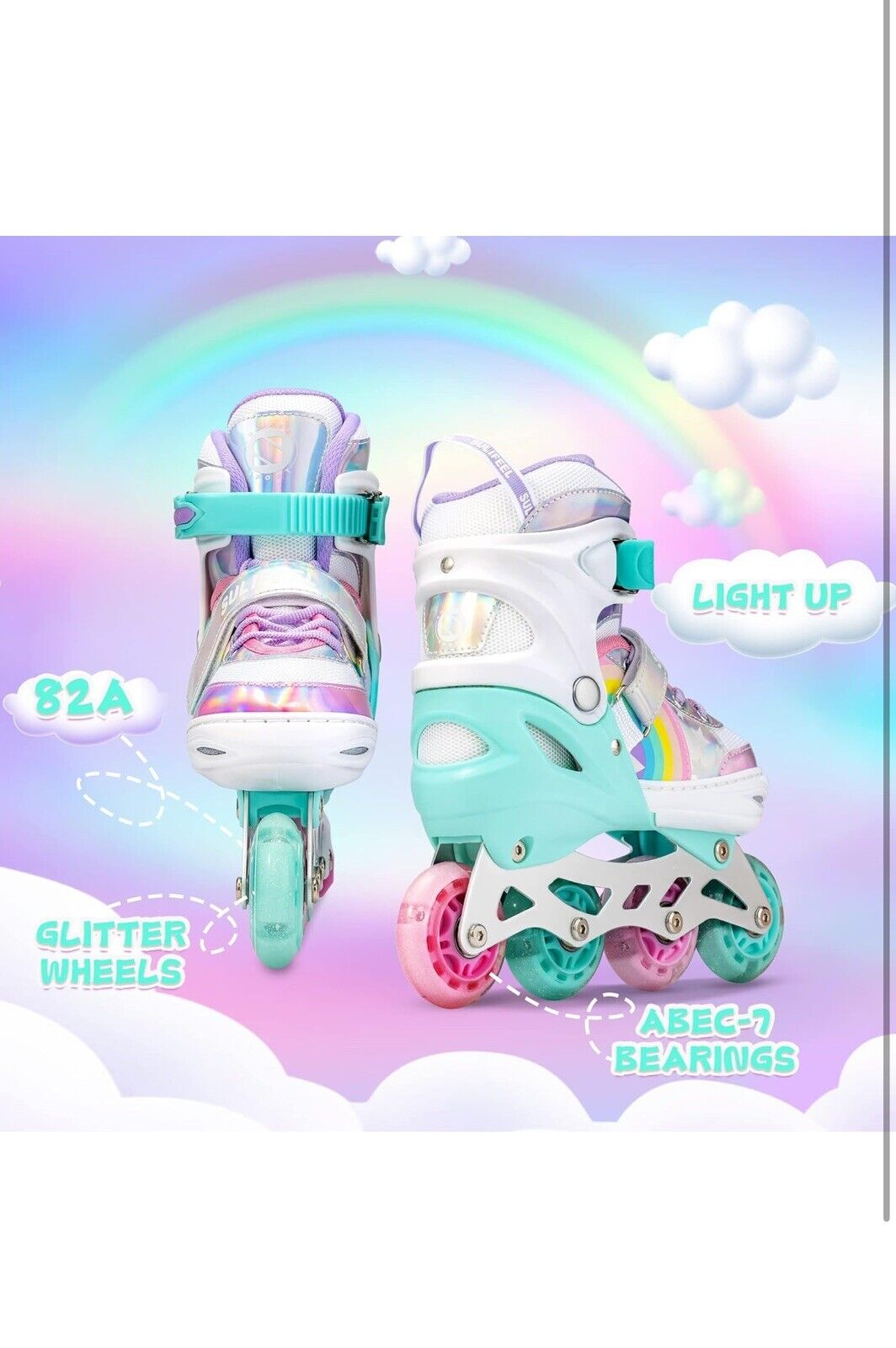 SULIFEEL Rainbow Unicorn Inline Skates for Girls Boys Small Adjustable Light up