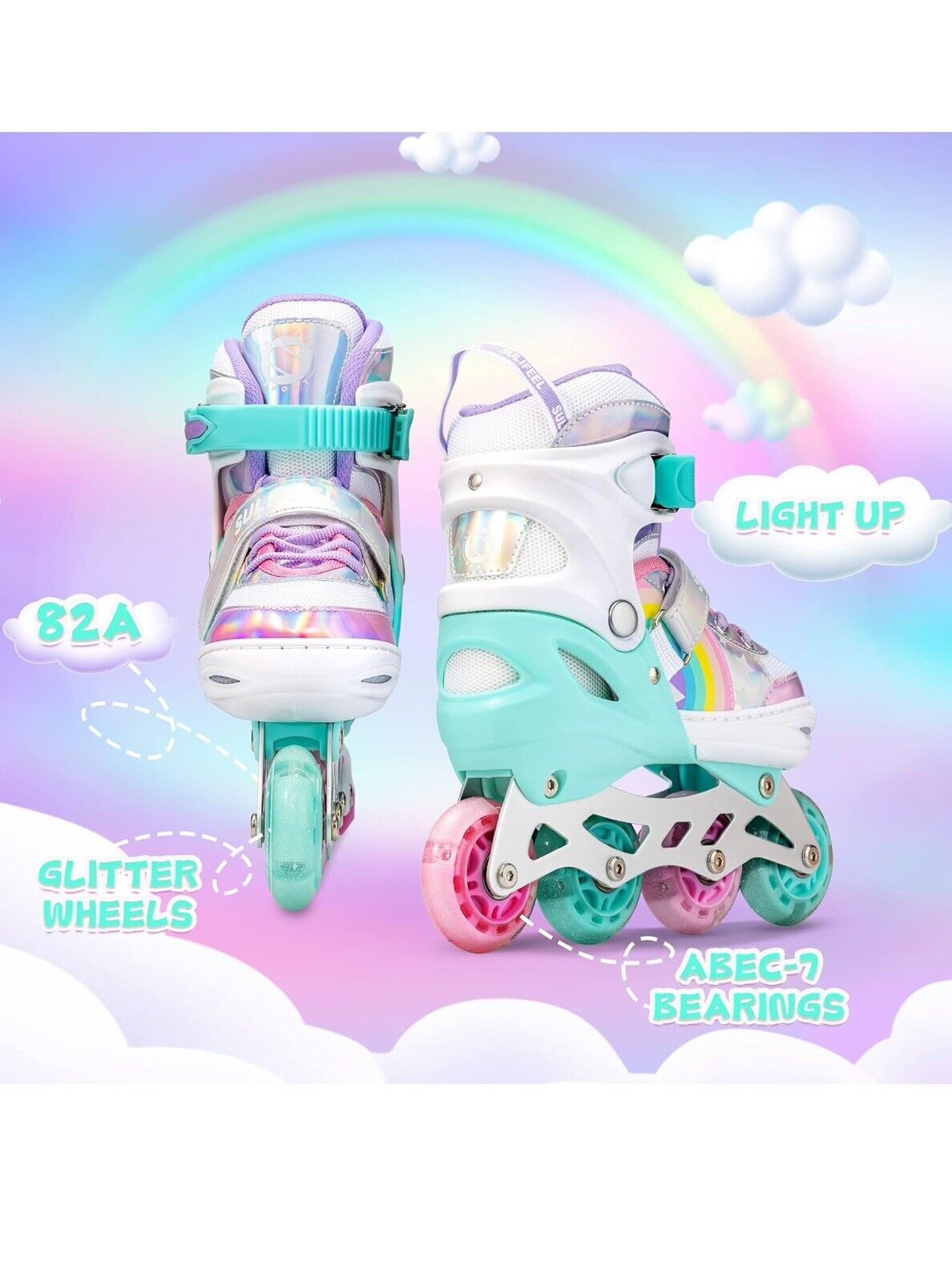 SULIFEEL Rainbow Unicorn Inline Skates for Girls Boys Small Adjustable Light up