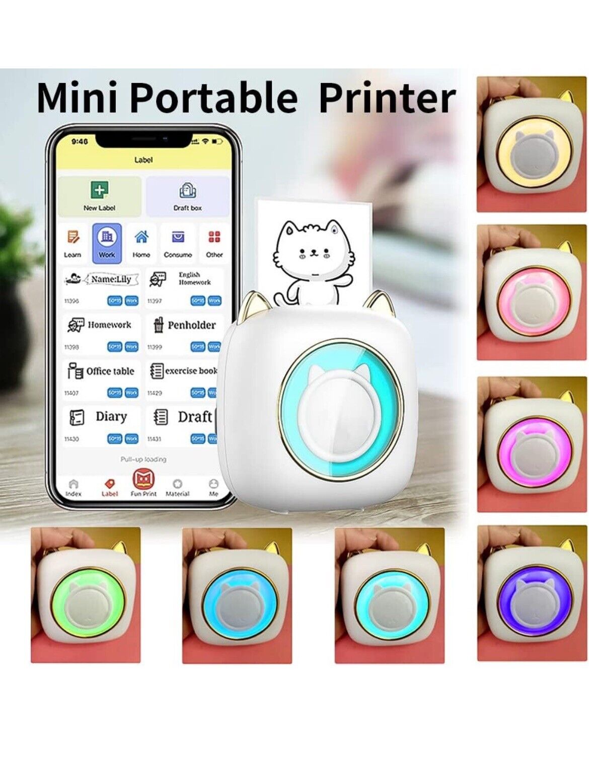 Mini Sticker Printer Pocket Inkless Thermal Printer with RGB Light, 108896