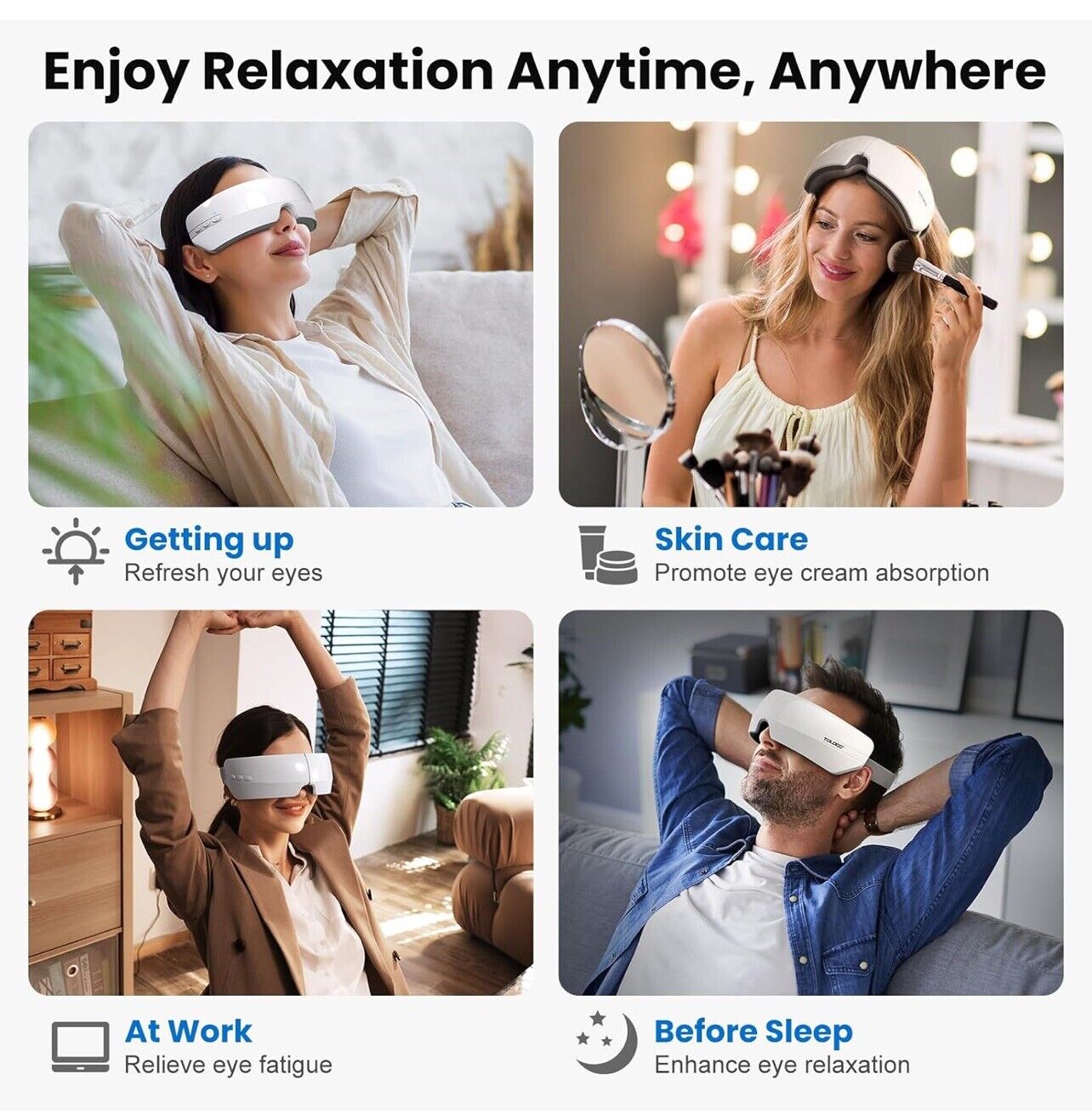 TOLOCO Heated Smart Eye Mask Massager w/Bluetooth Music Relax Sleep