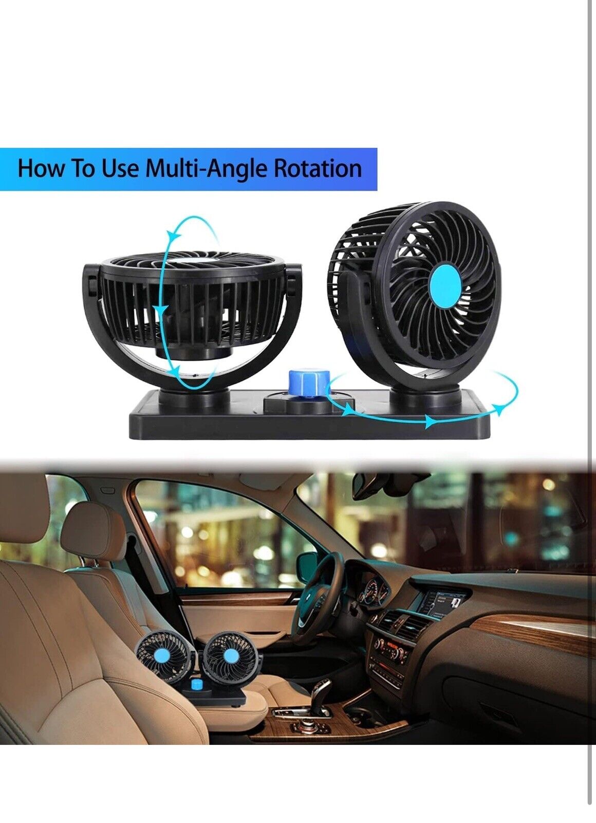 12V Dual Head Car Fan Portable Vehicle Truck 360° Rotatable Auto Cooling Cooler