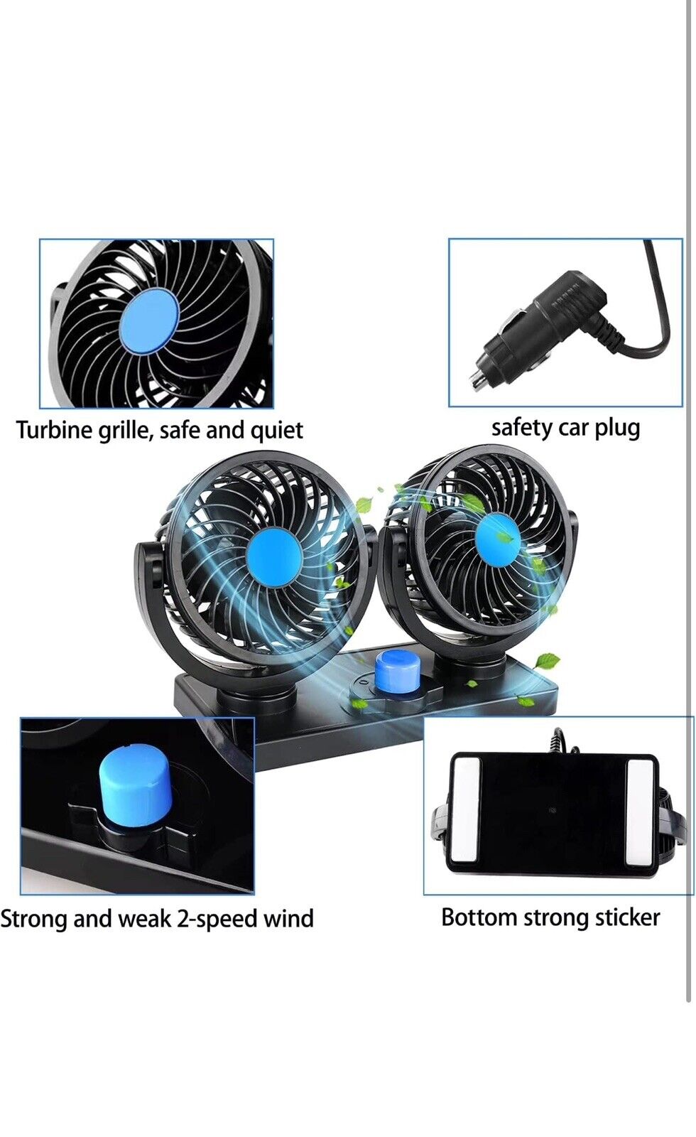 12V Dual Head Car Fan Portable Vehicle Truck 360° Rotatable Auto Cooling Cooler