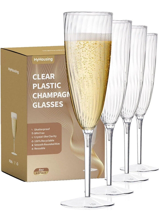 48 Plastic Champagne Flutes, Clear Disposable 6 OZ 48 Count 