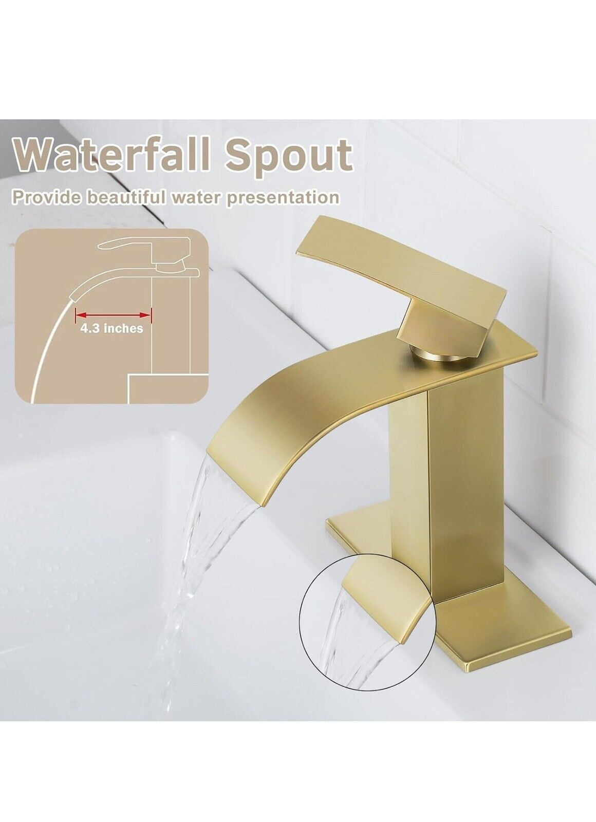 Waterfall Bathroom Faucet, Brushed Gold Modern Single Handle Bathroom Faucets fo