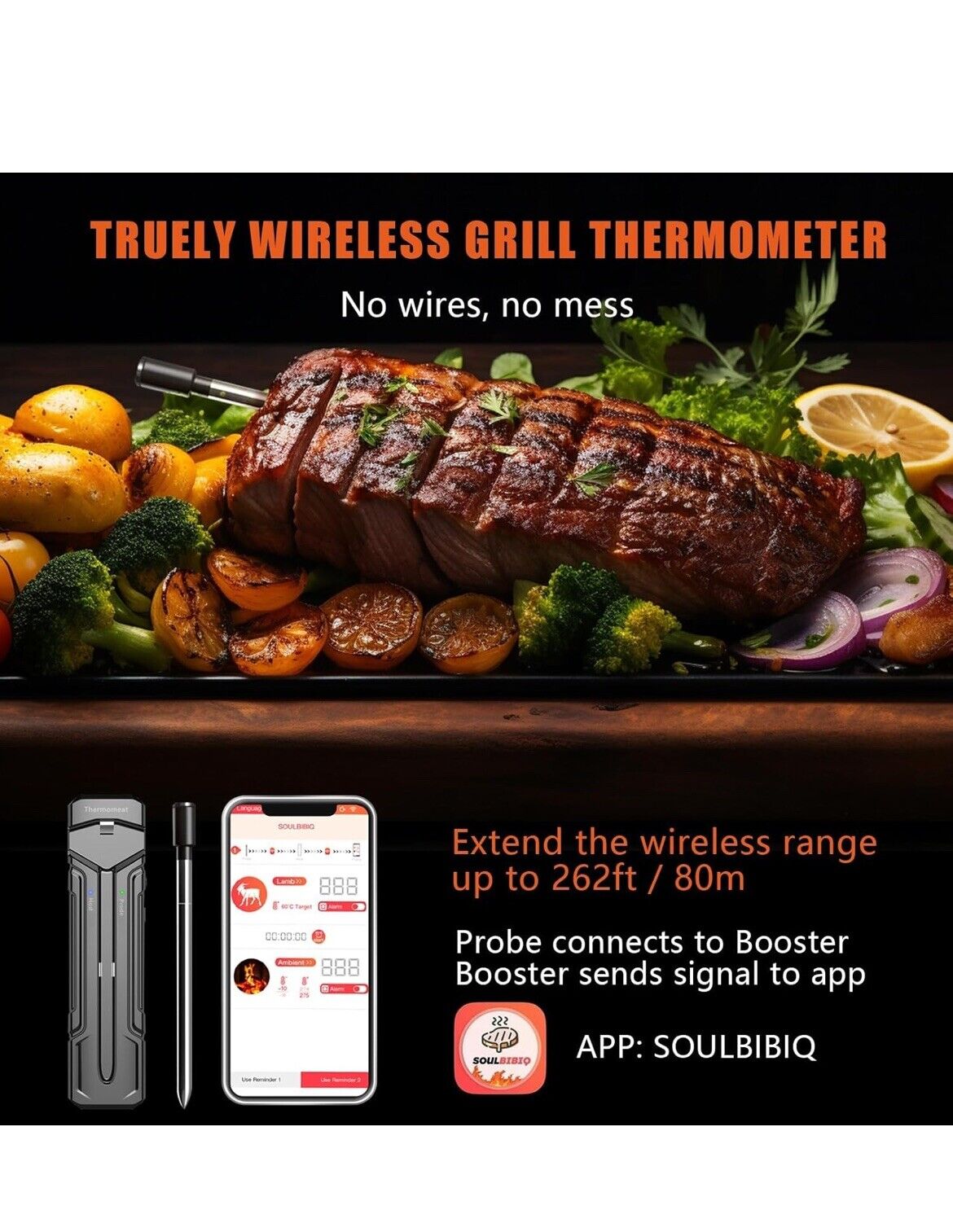 Wireless Meat Thermometer - 262FT Meat Thermometer Bluetooth for Inside and...