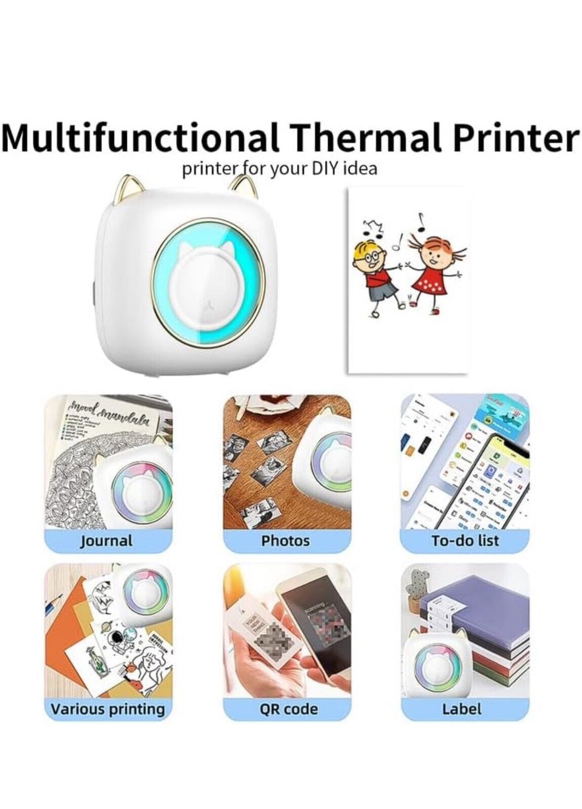 Mini Sticker Printer Pocket Inkless Thermal Printer with RGB Light, 108896