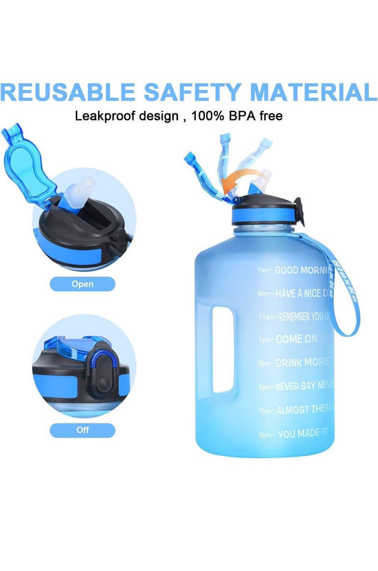 1 Gallon Water Bottle with Time Marker and Straw –Large 484.5 Ounces Blue