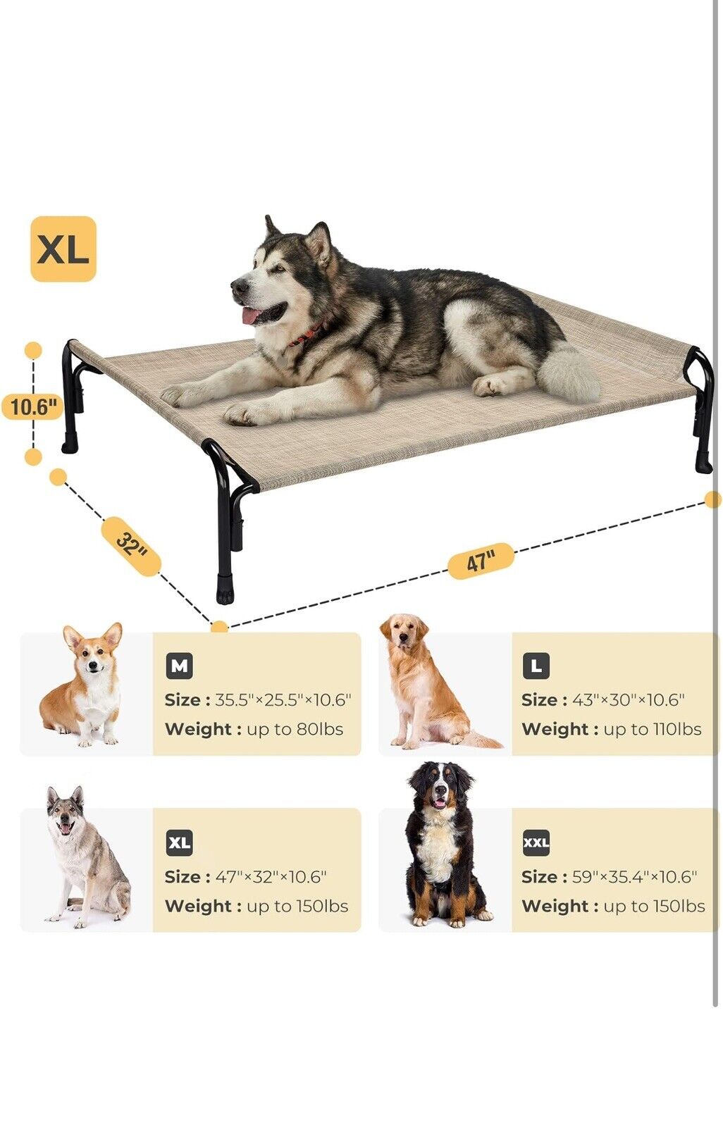 Elevated Dog Bed, Outdoor Raised Dog Cots Bed for Large Dogs, Cooling Camping El