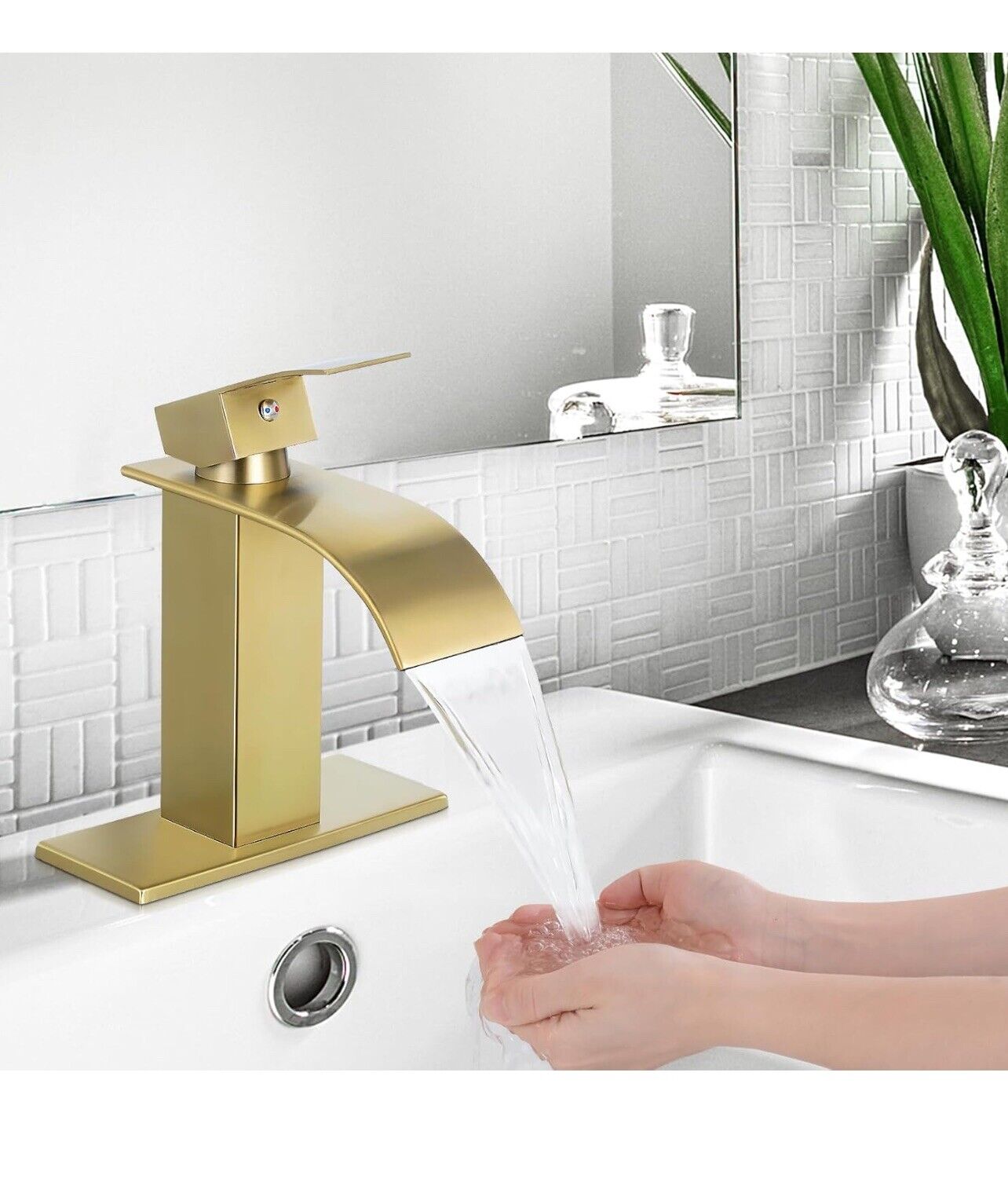 Waterfall Bathroom Faucet, Brushed Gold Modern Single Handle Bathroom Faucets fo