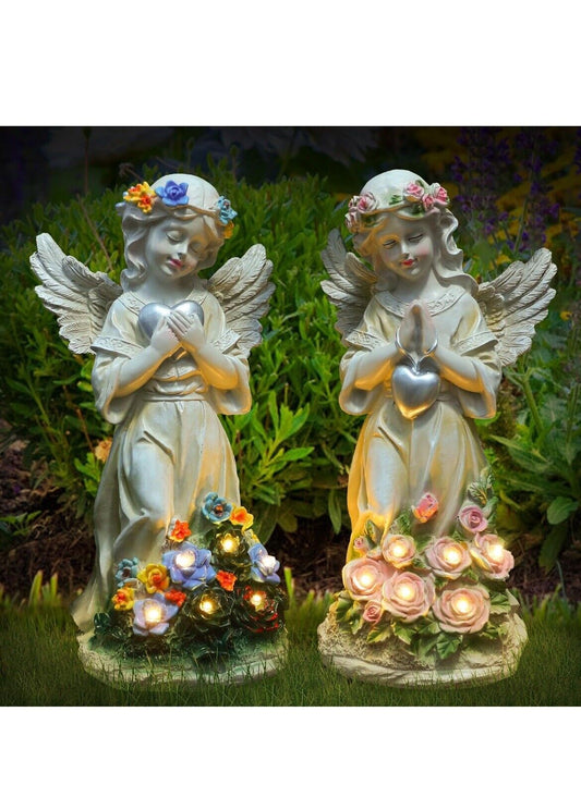 Angel Garden Statue 2Pcs,Love Heart Solar Garden Decor Love Heart Angel Statue