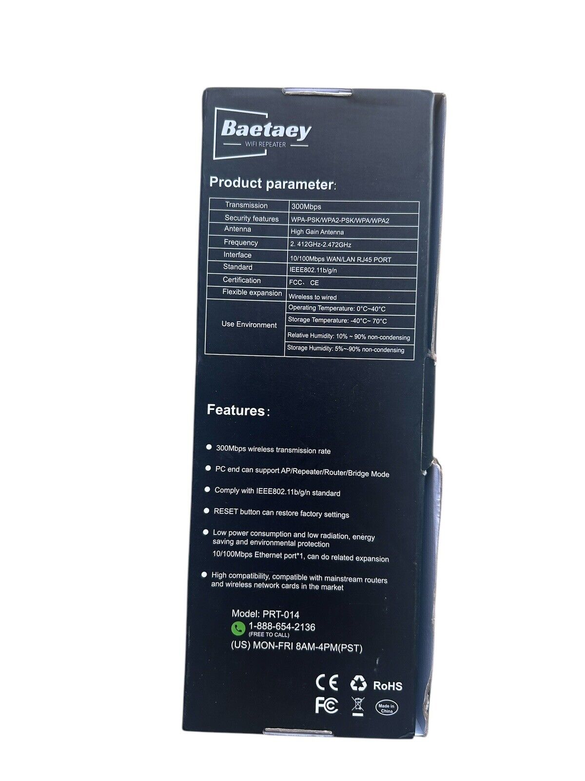 Baetaey WiFi Repeater 300Mbps WiFi Range Extender Model PRT-014