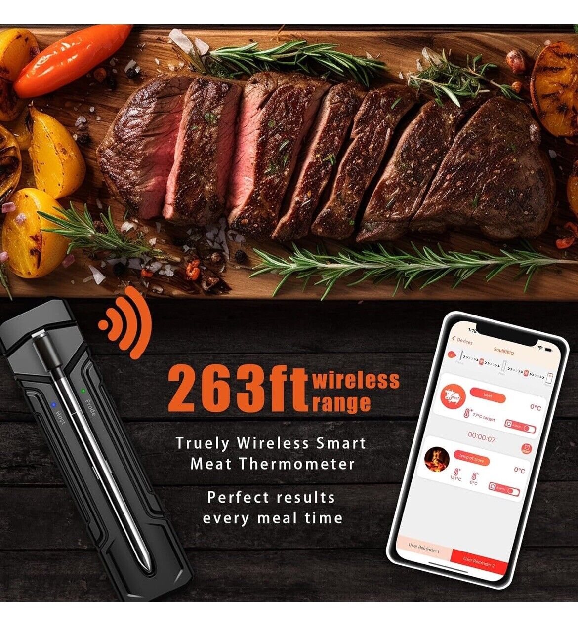 Wireless Meat Thermometer - 262FT Meat Thermometer Bluetooth for Inside and...