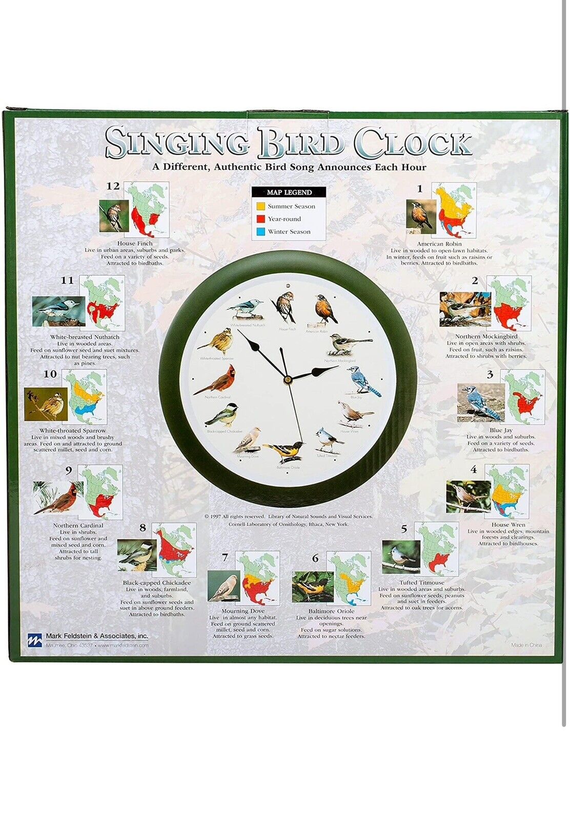 12 Bird Songs Per Hour - 13-Inch Black Analog Wall Clock for Kids & Decor