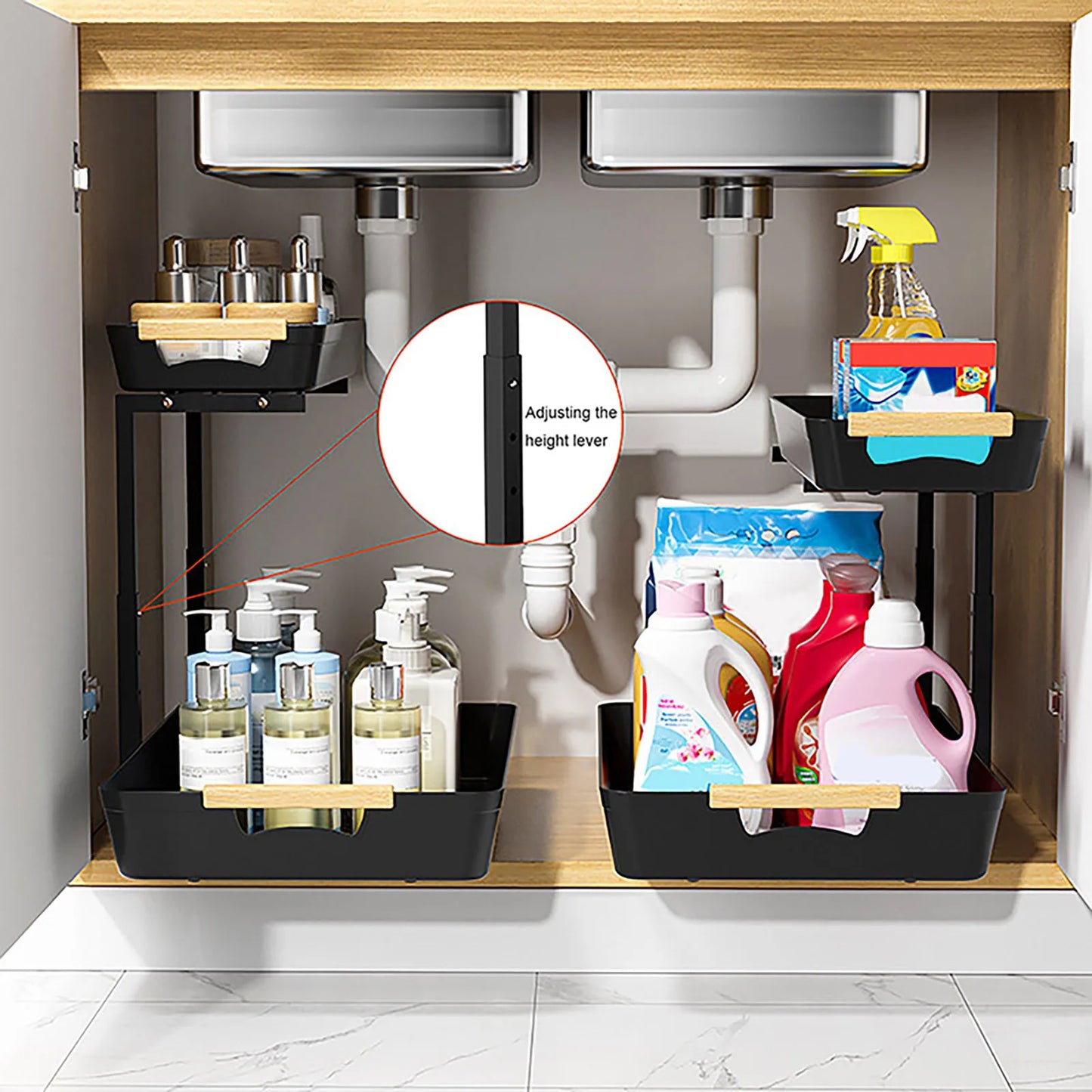 2 Tier Under Sink Organizer Sliding Cabinet Basket Organizer Storage Rack with Hooks Hanging Cup Bathroom Kitchen Organizer