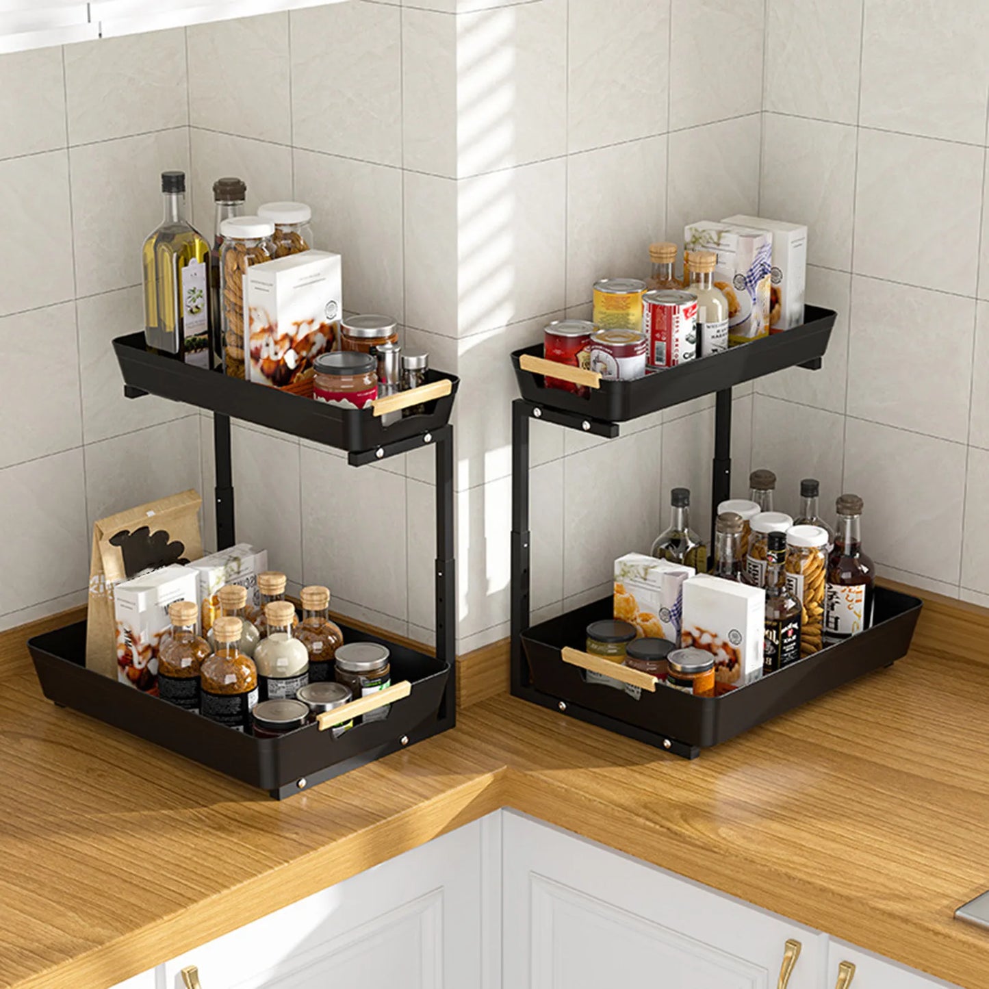 2 Tier Under Sink Organizer Sliding Cabinet Basket Organizer Storage Rack with Hooks Hanging Cup Bathroom Kitchen Organizer