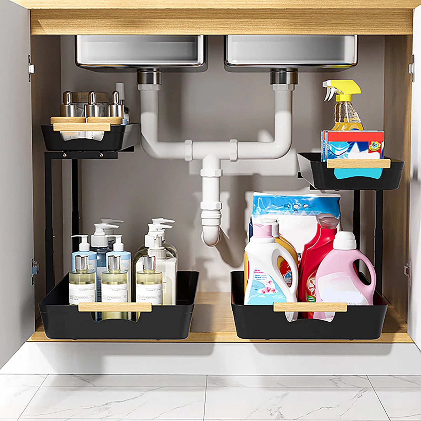 2 Tier Under Sink Organizer Sliding Cabinet Basket Organizer Storage Rack with Hooks Hanging Cup Bathroom Kitchen Organizer